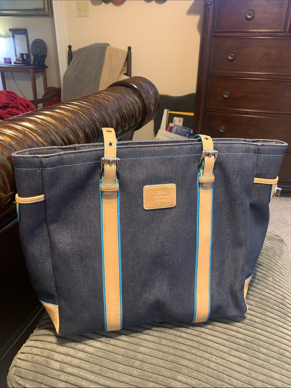 Coach Navy Canvas Tote with Tan Leather Straps and Teal Trim